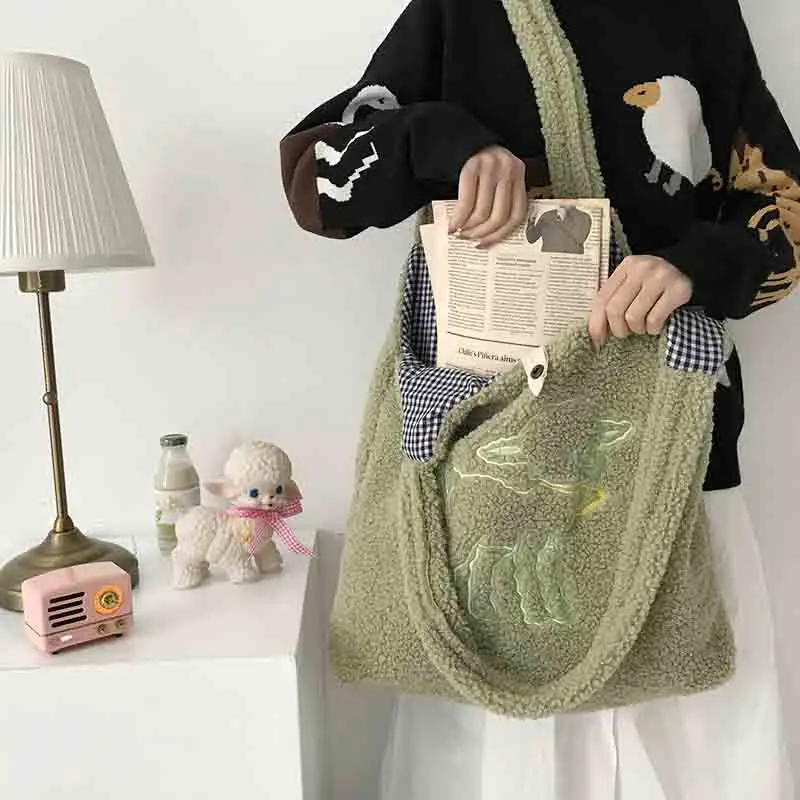 Women Lamb Like Fabric Shoulder Bag Simple Canvas Handbag Tote Large Capacity Embroidery Shopping Bag Cute Book Bags For Girls Women Lamb Like Fabric Shoulder Bag Simple Canvas Handbag Tote Large Capacity Embroidery Shopping Bag Cute Book Bags For Girls