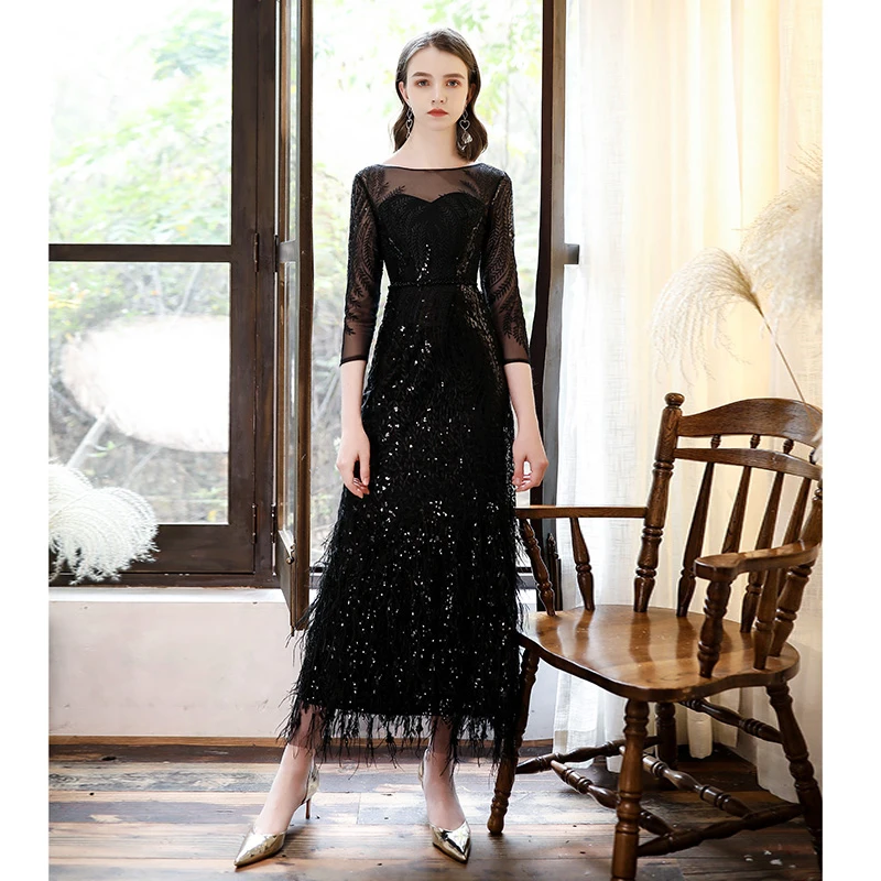 AE705 Новый стиль длиной до щиколотки черные вечерние платья 2020 перья для