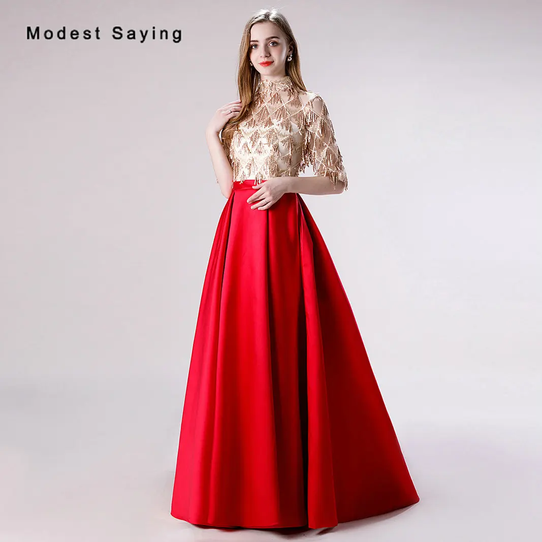 Elegant Wine Red A-Line High Neck Sequined Tassel Evening Dresses 2019 Formal Half Sleeves Lace Party Prom Gowns robe de soiree | Свадьбы и