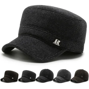 남성용 겨울 귀마개 캡, 플랫 캡, 따뜻한 육군 군용 모자, 크기 조절 가능, 두꺼운 모직 혀 모자, 아빠 모자