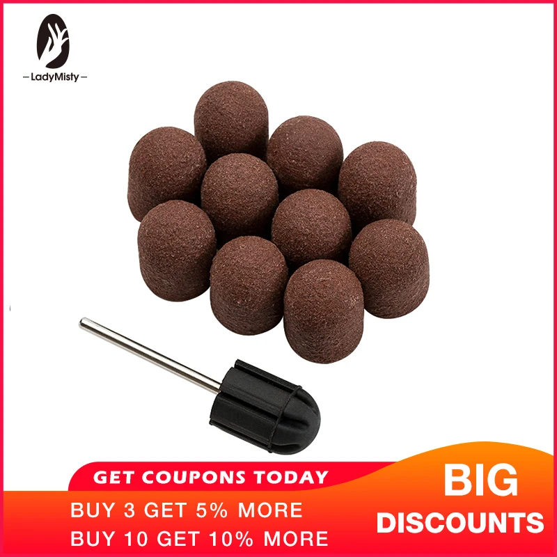 Ladymisty 10pcs 120# 10*15mm Sanding Bands Block Caps 1pc Mandrel Rubber Grip Manicure Pedicure Electric Nail Drill Accessories