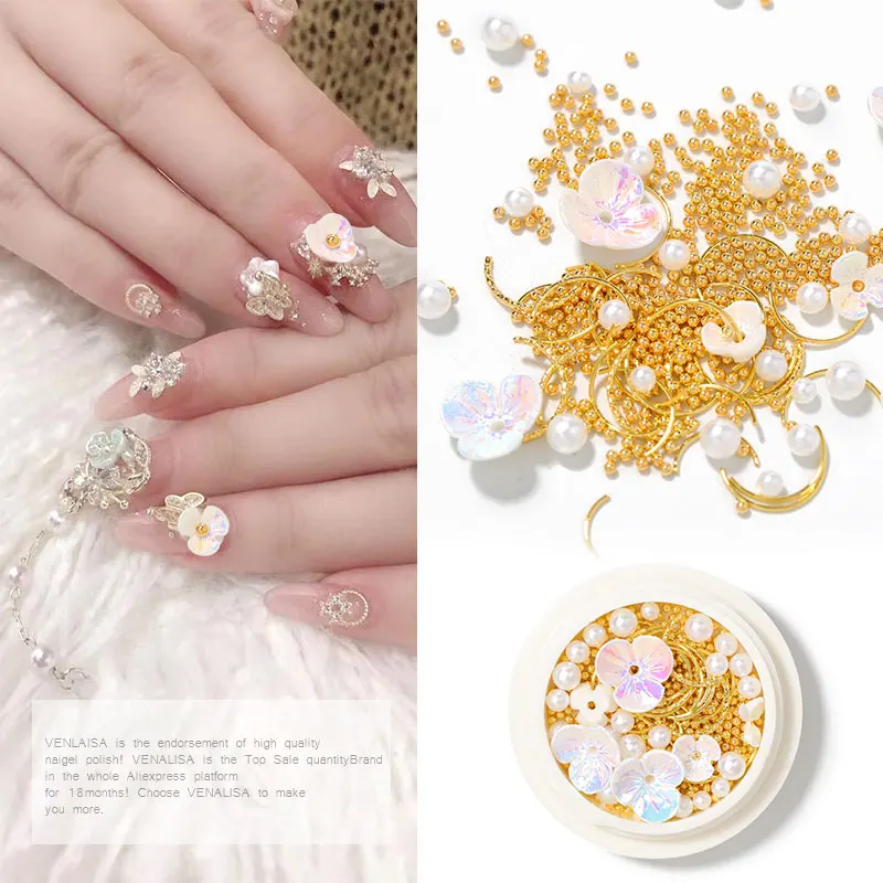 

1box Nail art shell flower jewelry Japanese pearl opal 3D diamond rivet Nail art charms shell flowers alloy jewelry rhinestones