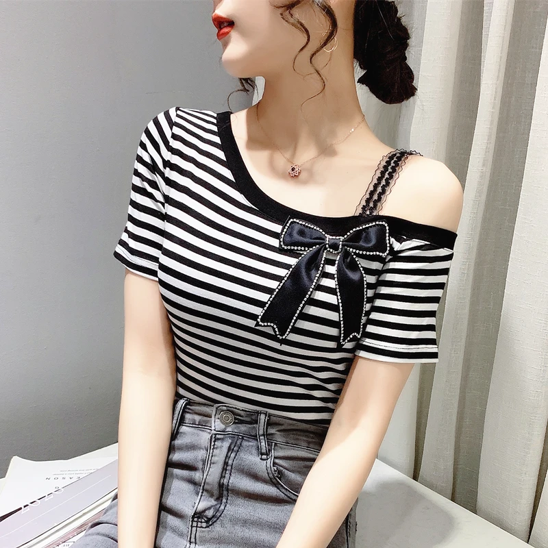 Sexy off shoulder tee shirt femme summer short sleeve t shirt women hot drilling bow sweet top female slim-fit camiseta mujer
Sexy off shoulder tee shirt femme summer short sleeve t shirt women hot drilling bow sweet top female slim-fit camiseta mujer
