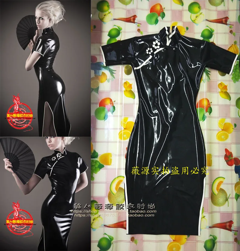Фото Сексуальное женское черное латексное платье Чонсам Фетиш с разрезом по бокам