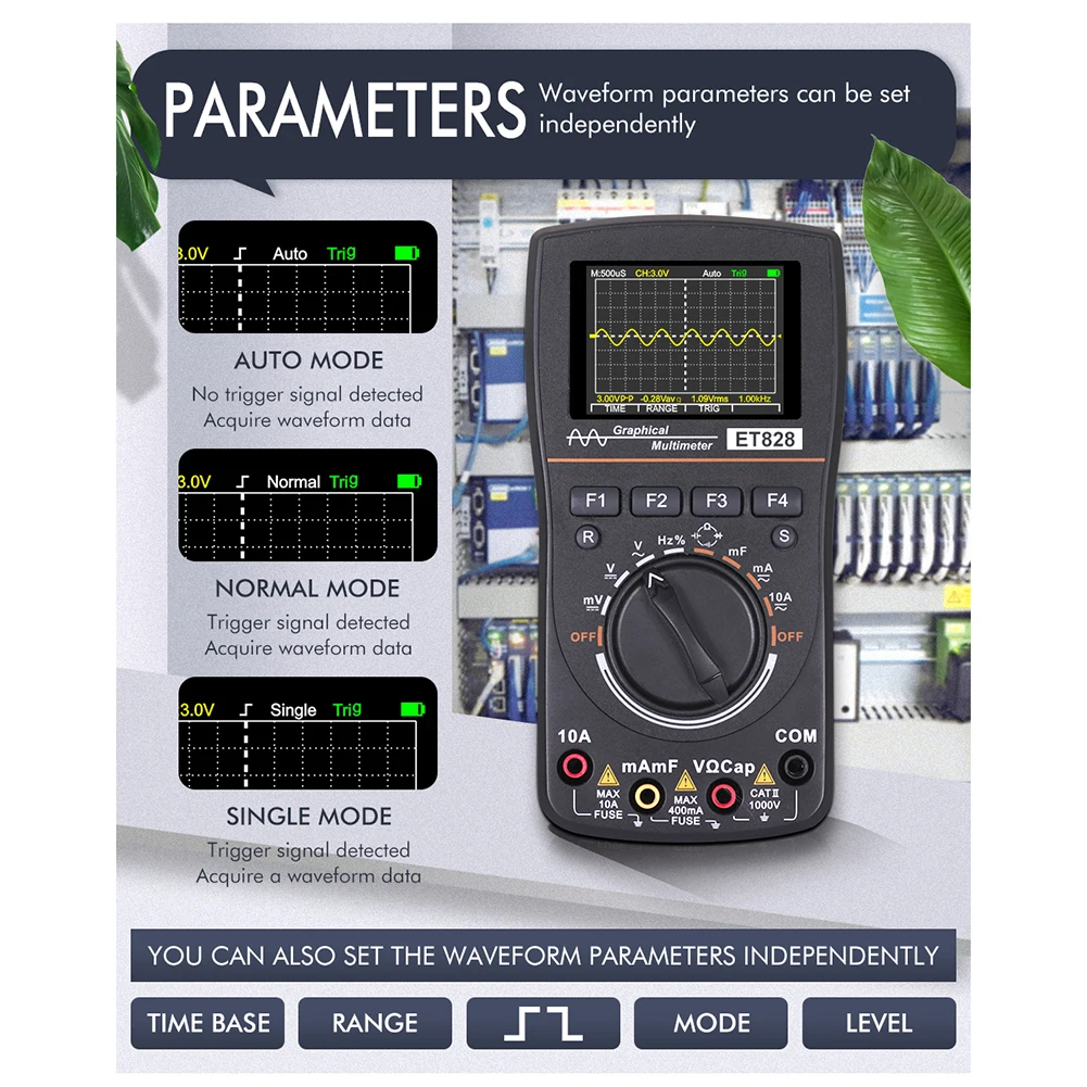 ET828 2 in 1 High Definition Intelligent Digital Oscilloscope Multimeter 1MHz Bandwidth 2.5Msps Sampling Rate
ET828 2 in 1 High Definition Intelligent Digital Oscilloscope Multimeter 1MHz Bandwidth 2.5Msps Sampling Rate