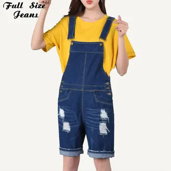 

2018 New Summer Dark Blue Cuffs Short Playsuits Plus Size Denim Scratched Jumpsuit Ripped Shorts Jeans Frayed Overalls 4XL 7XL