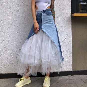 Designer Mesh Denim Skirts Tulle Patchwork Destroyed Split High Waist Female 2020 Spring New Ball Gown Jeans Skirt
Designer Mesh Denim Skirts Tulle Patchwork Destroyed Split High Waist Female 2020 Spring New Ball Gown Jeans Skirt