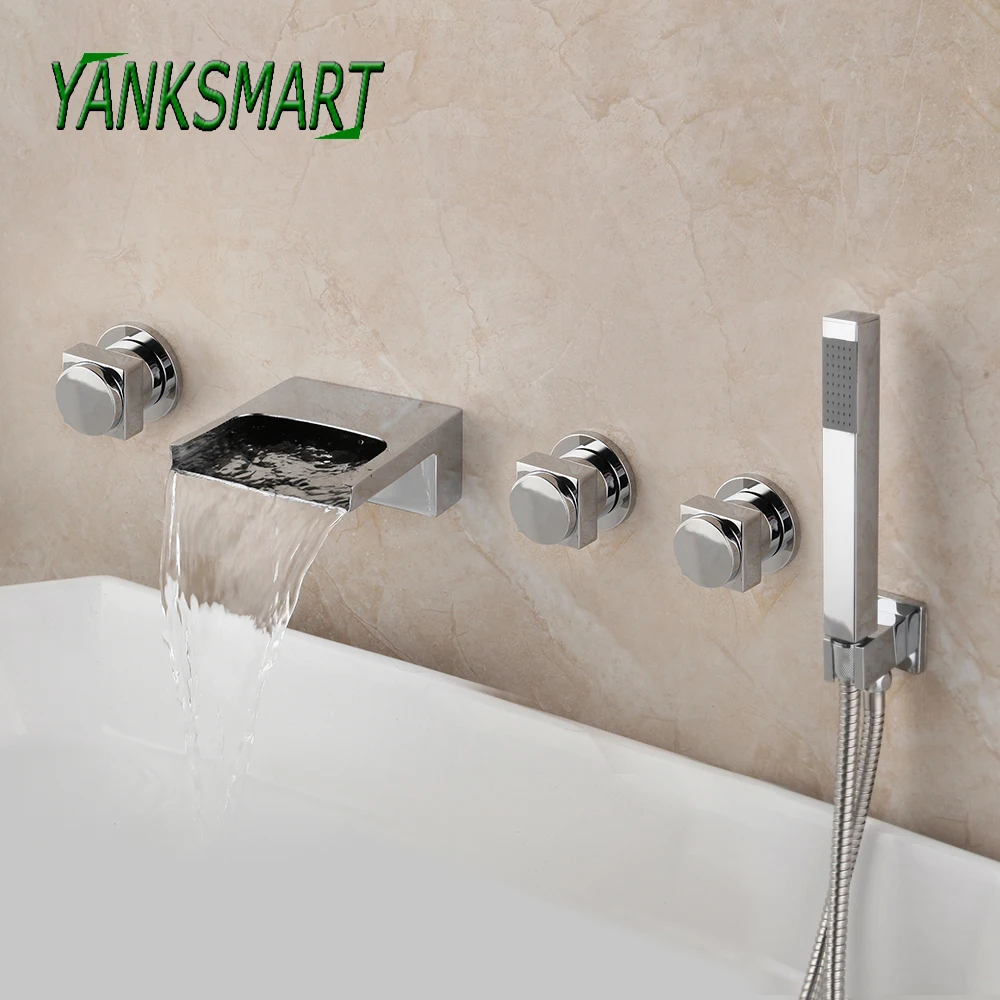 

YANKSMART 5 Pcs Chrome Polished Bathroom Bathtub Shower Faucets Set Waterfall Spout Cold & Hot Water Mixer Tap Wall Mounted Taps