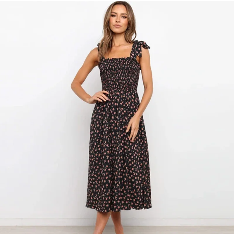 

Ardm Fashion Black Floral Print Women Dress Spaghetti Strap Sleeveless Backless High Waist Summer Midi Dress Vintage Party Dress