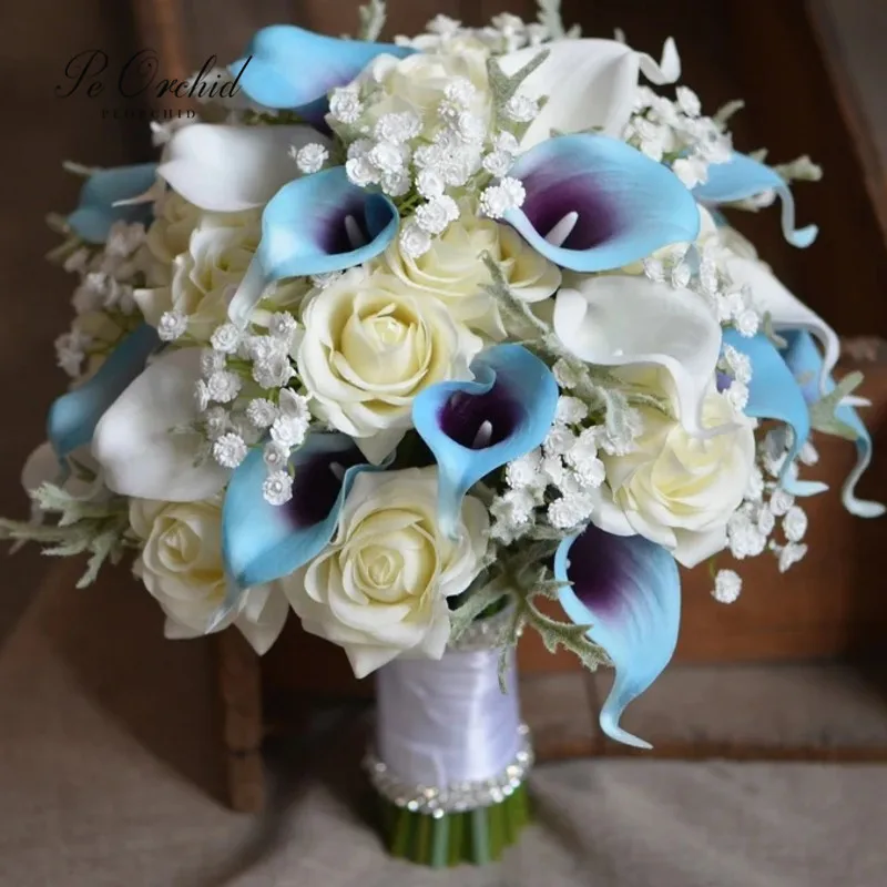 

PEORCHID Blue Purple Wedding Bouquet For Bride Artificial Real Touch Flowers Calla lilies Roses Baby's Breath Bridal Bouquet