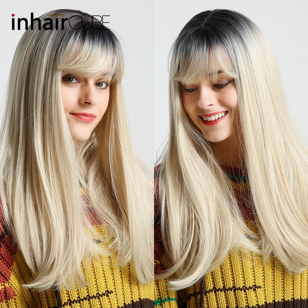 Фото ESIN Искусственный серый парик с темными корнями Длинные прямые волосы Модное