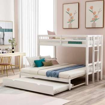 Bunk Bed Twin Over Pull-Out with Trundle Wood Beds Platform Bed For Kids Adults Childern Dormitory Bedroom ,White/Espresso 
Bunk Bed Twin Over Pull-Out with Trundle Wood Beds Platform Bed For Kids Adults Childern Dormitory Bedroom ,White/Espresso
