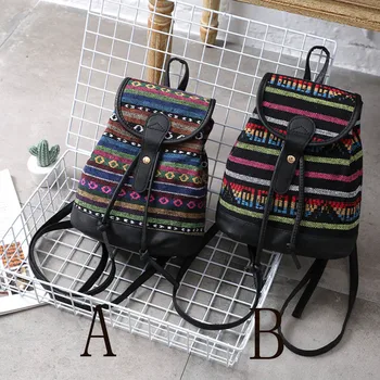 

2019 Women Girls Fashion National Backpack Srripe Woven Canvas Shoulder Backpack mochilas mujer dropship