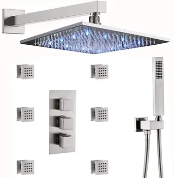 Luxury 12 Inch Rain Wall Mounted LED Rain Shower Head withThermostatic Mixer Valve and 6 Massage Body Sprays and Handheld Shower
Luxury 12 Inch Rain Wall Mounted LED Rain Shower Head withThermostatic Mixer Valve and 6 Massage Body Sprays and Handheld Shower