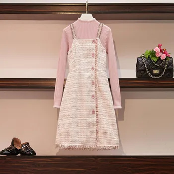 HAMALIEL High Quality Women Spaghetti Strap Tweed Tassel Button Dress Two Piece Set And Fall Winter Pink Knitted Sweater Suits
HAMALIEL High Quality Women Spaghetti Strap Tweed Tassel Button Dress Two Piece Set And Fall Winter Pink Knitted Sweater Suits