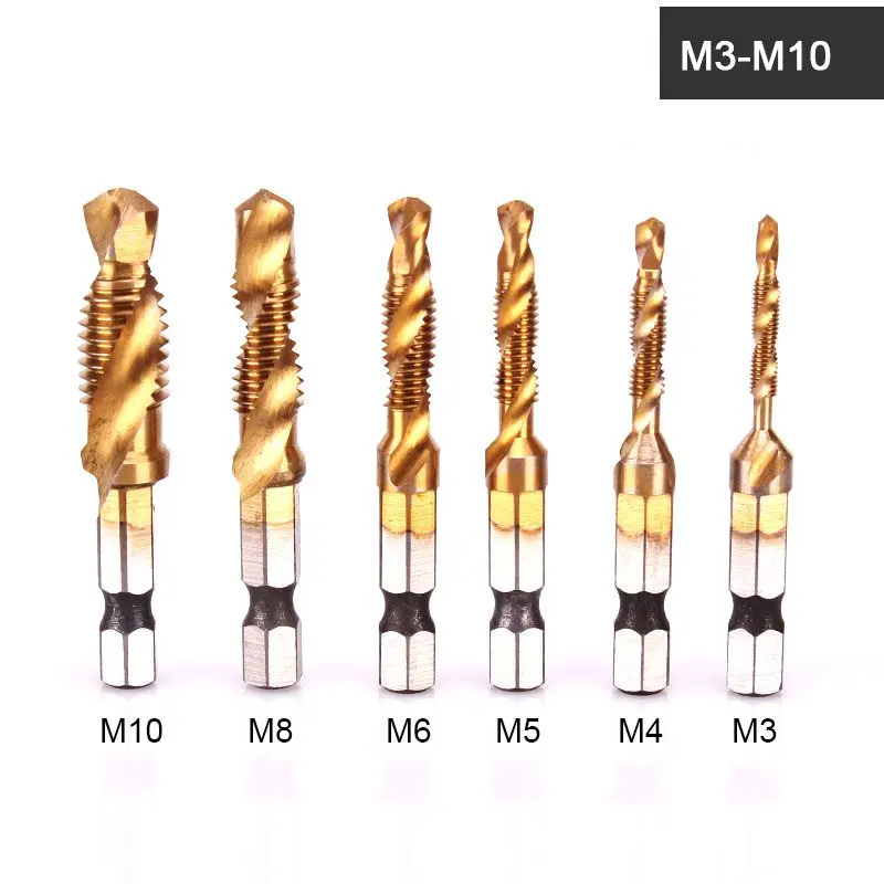 6pcs Set M3-M10 HSS Titanium Plated Taps Drilling Tapping Chamfering Integrated Composite Tap Screw Threading Tapping Tool
6pcs Set M3-M10 HSS Titanium Plated Taps Drilling Tapping Chamfering Integrated Composite Tap Screw Threading Tapping Tool