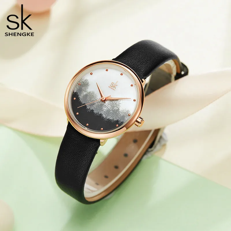 Часы Shengke женские с браслетом из розового золота роскошные креативные кварцевые
