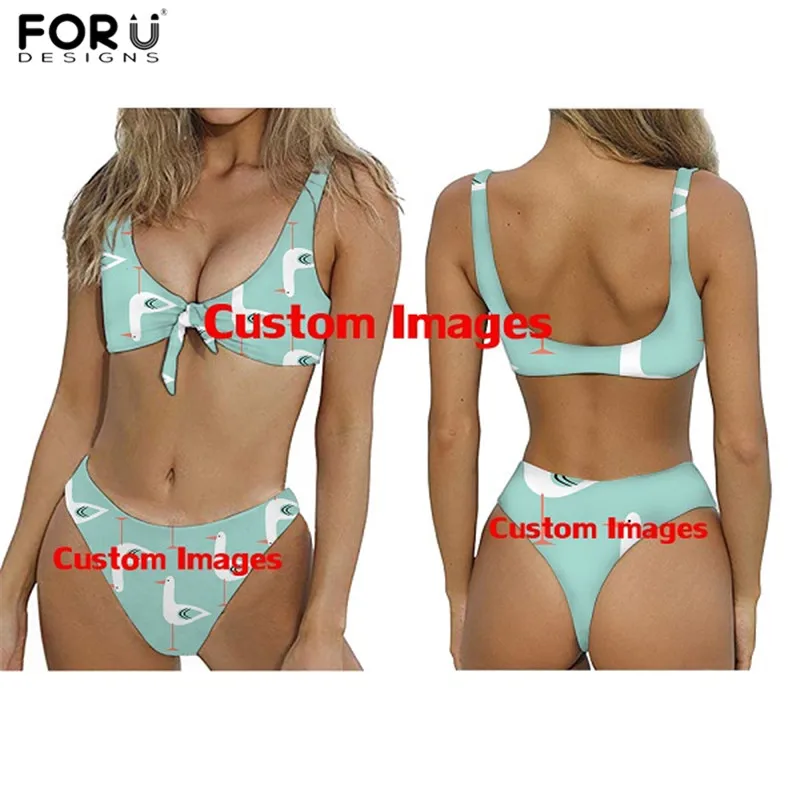 

FORUDESIGNS Customized Logo/Images Print Women Bikini Set Knot Bandeau Swimwear Bow-knot Sexy Thong Bathing Suit Maillot De Bain