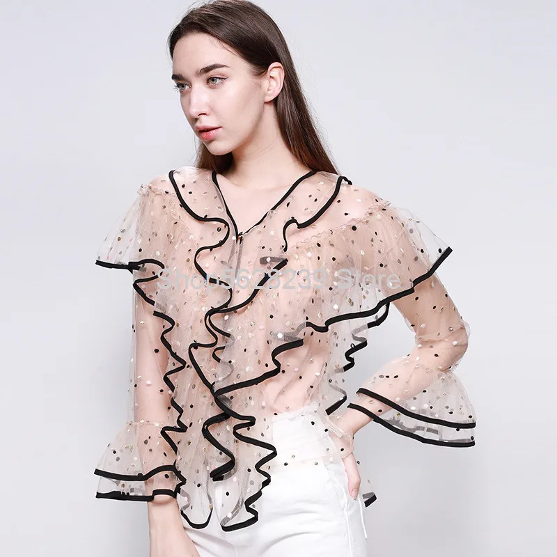 Temperament Lotus Leaf Edge V Collar Mesh Splicing Wave Point Women's Wear 2020 Season Perspective fashion Sun Protection Top
Temperament Lotus Leaf Edge V Collar Mesh Splicing Wave Point Women's Wear 2020 Season Perspective fashion Sun Protection Top