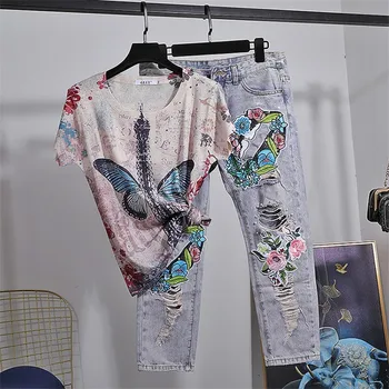 Summer Women Beading Vintage Print Short sleeve T shirt Holes Pencil Denim Pants Two Piece Set Female Loose Jeans 2pc Streetwear
Summer Women Beading Vintage Print Short sleeve T shirt Holes Pencil Denim Pants Two Piece Set Female Loose Jeans 2pc Streetwear