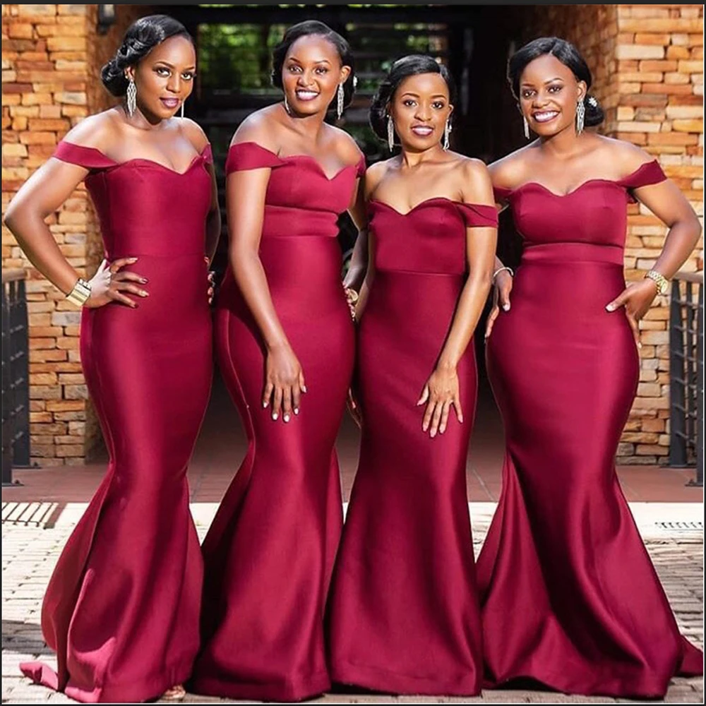 Темно-красное платье подружки невесты в африканском стиле длинное атласное