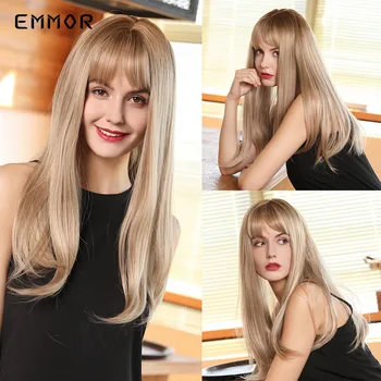 

EMMOR Long Straight Layered Hairstyle Ombre Hair Wig with Bangs for Black Women Heat Resistant Daily Cosplay Synthetic Wigs