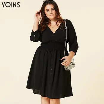 

YOINS Crossed Front V-neck Button 3/4 Length Sleeve Midi Dress 2020 Women Elegant Shirt Dresses Plus Size Office Chic Vestidos