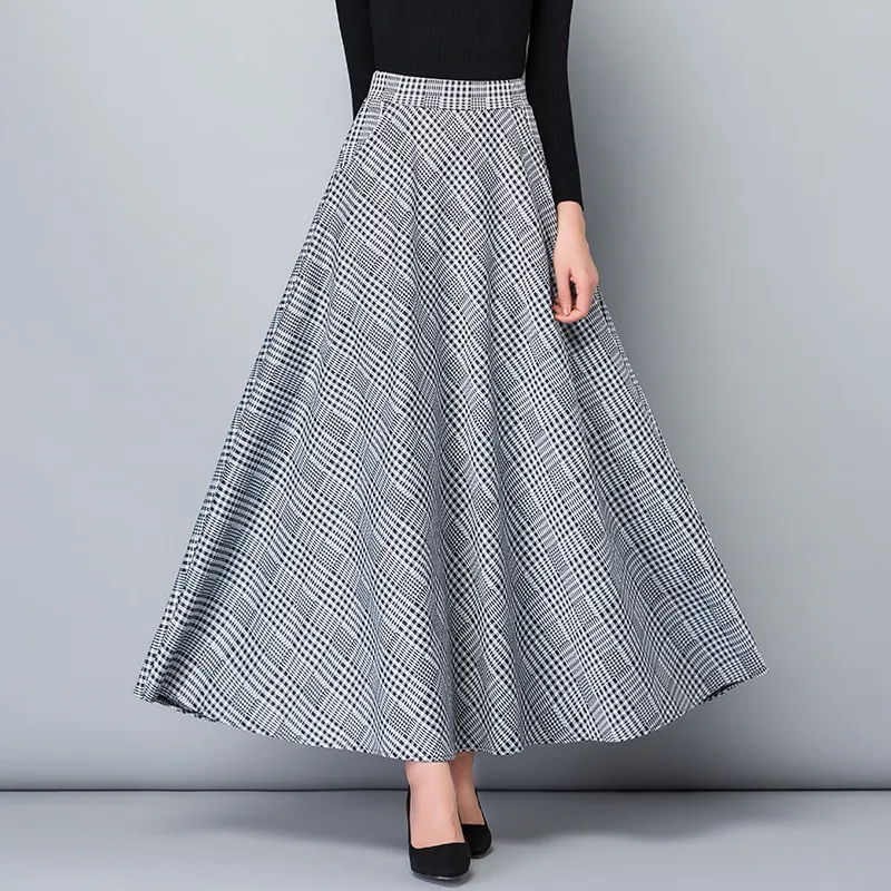 Женская длинная юбка винтажная офисная в клетку с высокой талией осень-весна