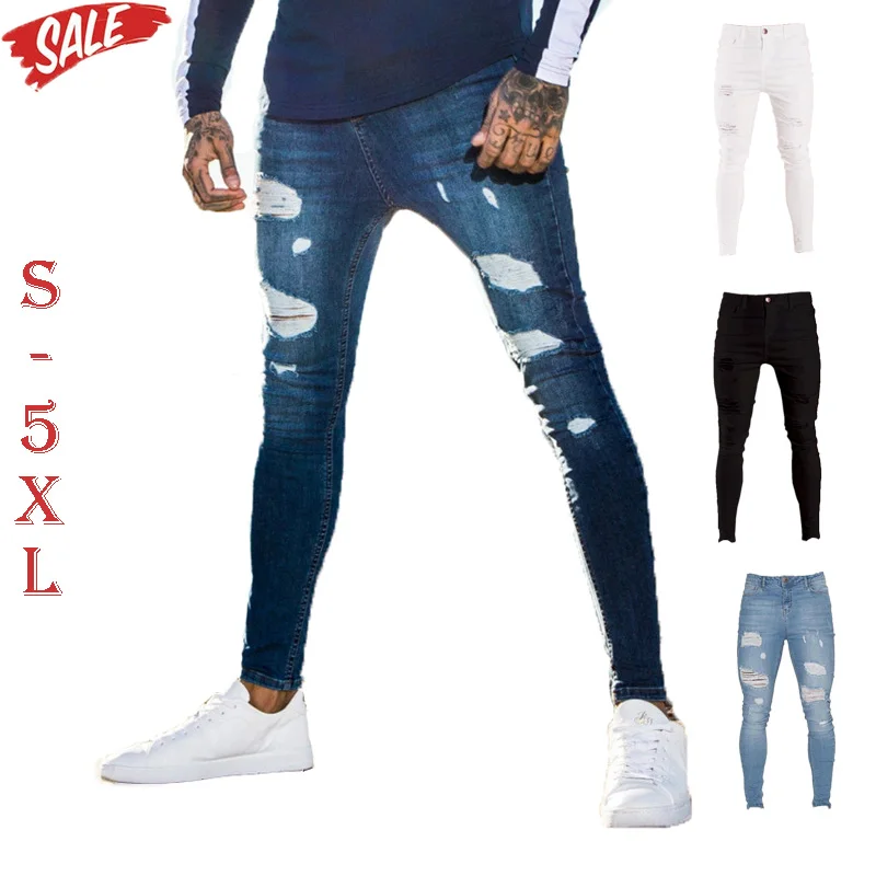 

Men Skinny Jeans Male Elasticity Slim Pencil Pants Sexy Casual Hole Ripped Blue White Black Denim Jeans Mens Streetwear Trousers