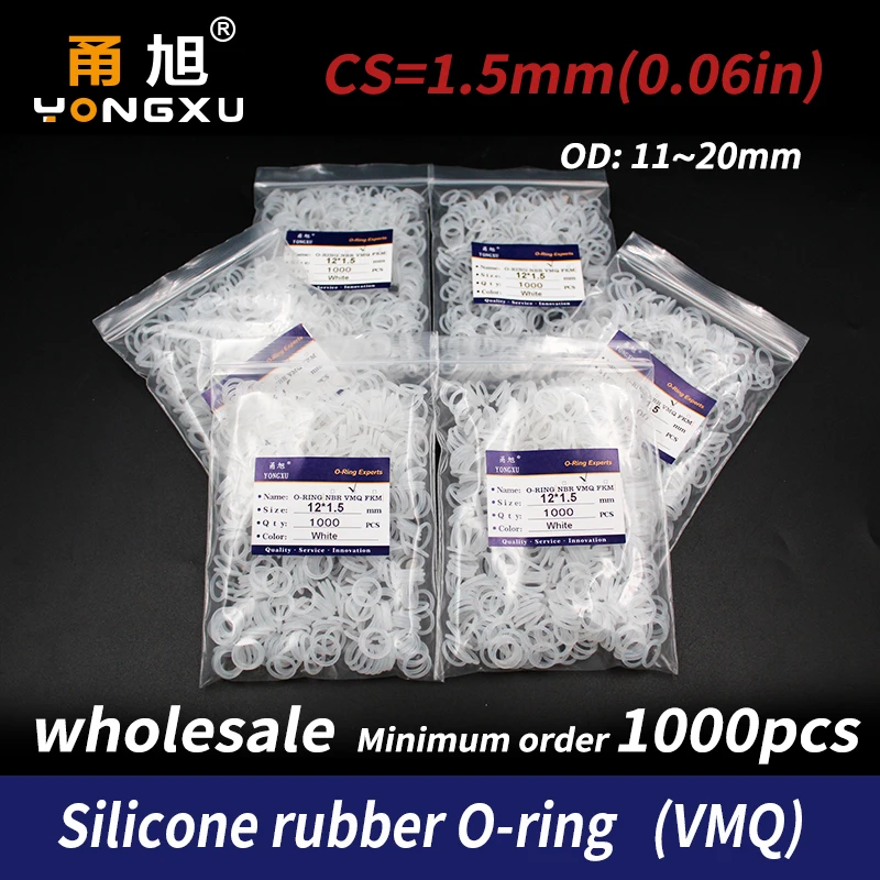 1000PCS/lot White wholesale Silicone/VMQ1.5mm Thickness OD11/12/13/14/15/16/17/18/19/20mm O Ring Seal Rubber Gasket Washer
1000PCS/lot White wholesale Silicone/VMQ1.5mm Thickness OD11/12/13/14/15/16/17/18/19/20mm O Ring Seal Rubber Gasket Washer