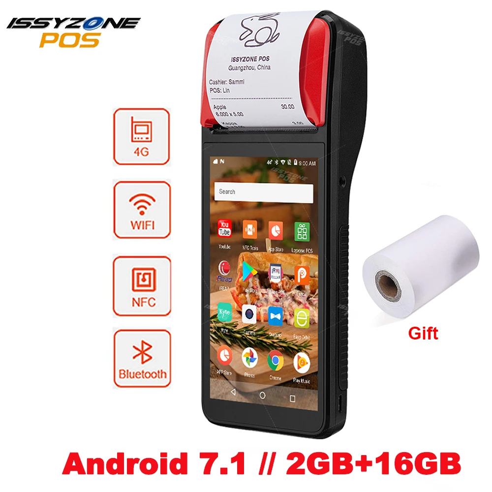 IssyzonePOS Android 7 1 PDA Themal чековый принтер ручной POS терминал Bluetooth 4 0 Wifi 4G 1W динамик