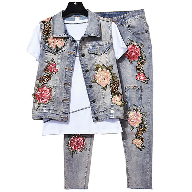 Vintage Denim Vest+Stretch Jeans Elegant Sequins Jeans Pants Suits Women Pattern 2 Pieces Set Women Denim Jeans Suit plus size
Vintage Denim Vest+Stretch Jeans Elegant Sequins Jeans Pants Suits Women Pattern 2 Pieces Set Women Denim Jeans Suit plus size