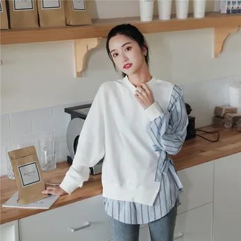 2020 spring and autumn new small design sense lace up stripe round neck splicing shirt all over show thin Pullover
2020 spring and autumn new small design sense lace up stripe round neck splicing shirt all over show thin Pullover