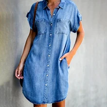 2021 Summer Dress Women Short Sleeve Pockets Single-Breasted Irregular Hem Knee-Length Denim Dress Loose Style Vestidos
2021 Summer Dress Women Short Sleeve Pockets Single-Breasted Irregular Hem Knee-Length Denim Dress Loose Style Vestidos