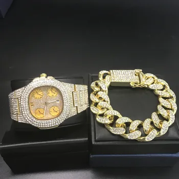 Luxury Men Gold Color Watch & Bracelet Combo Set Ice Out Cuban In Crystal Chain Top Brand Hip Hop Jewerly Set Hip Hop For Men
Luxury Men Gold Color Watch & Bracelet Combo Set Ice Out Cuban In Crystal Chain Top Brand Hip Hop Jewerly Set Hip Hop For Men
