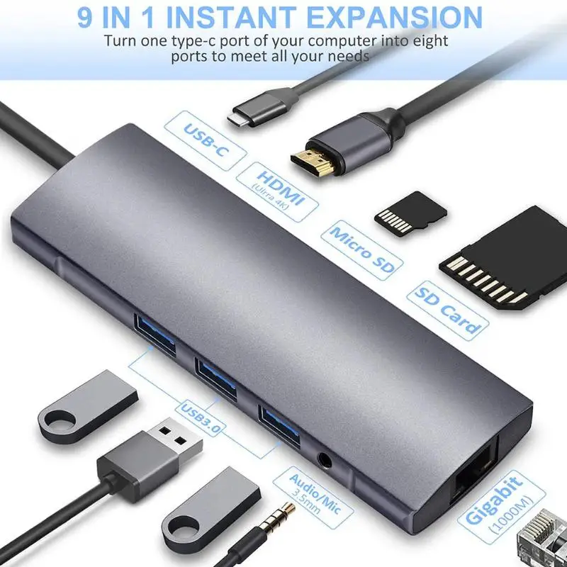 9 in 1 USBC Dock Hub Type-C to RJ45 4K HDMI 3 USB3.0 SD/TF Card Slot Reader 3.5mm Audio PD Charging Adapter for Macbook/Samsung
9 in 1 USBC Dock Hub Type-C to RJ45 4K HDMI 3 USB3.0 SD/TF Card Slot Reader 3.5mm Audio PD Charging Adapter for Macbook/Samsung