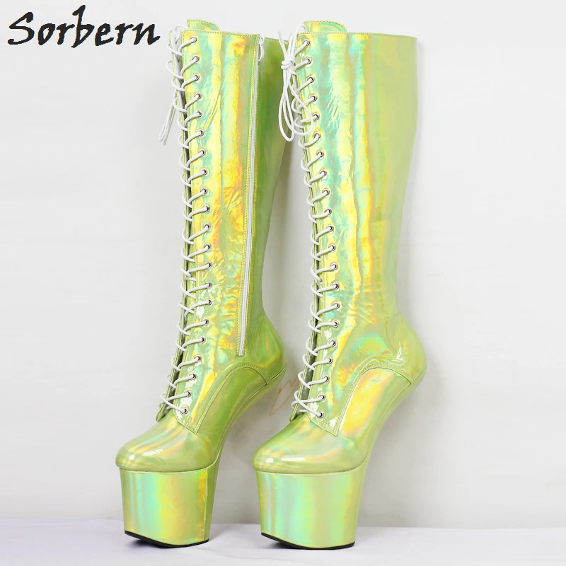 

Sorbern 8 Inch Heelless Boots Women Drag Queen Hoof No Heel Horse Heeled Platform Knee High Boots Fetish Plus Size 36-46