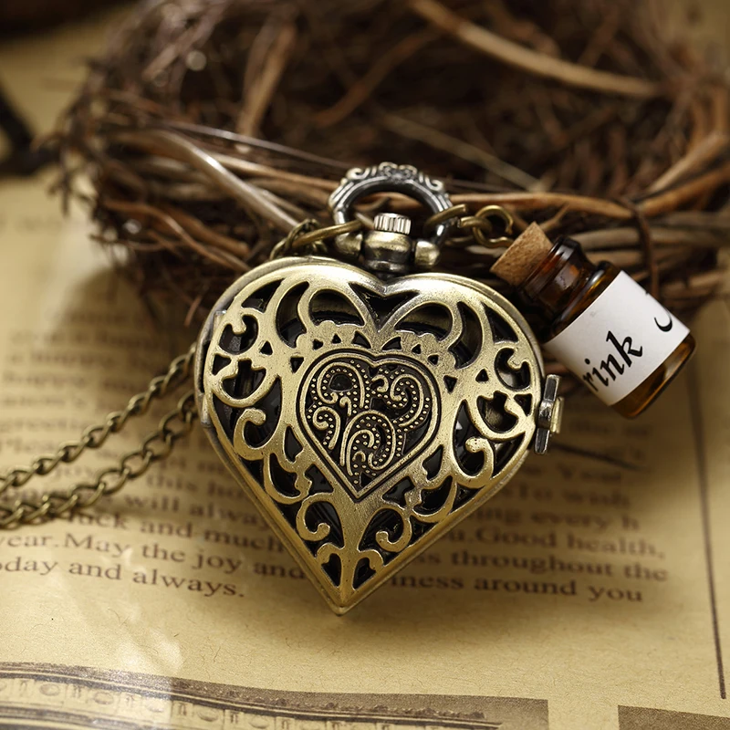 

Retro Bronze Hollow Heart Shape Drink Me Bottle Quartz Skeleton Pocket Watch For Men Women Necklace Chain Pendant Gift