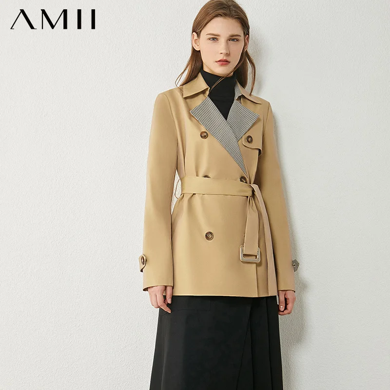 AMII Minimalism Autumn Winter Women's Windbreaker Fashion Plaid Spliced Lapel Belt Trench Coat Women 12030364 | Женская одежда