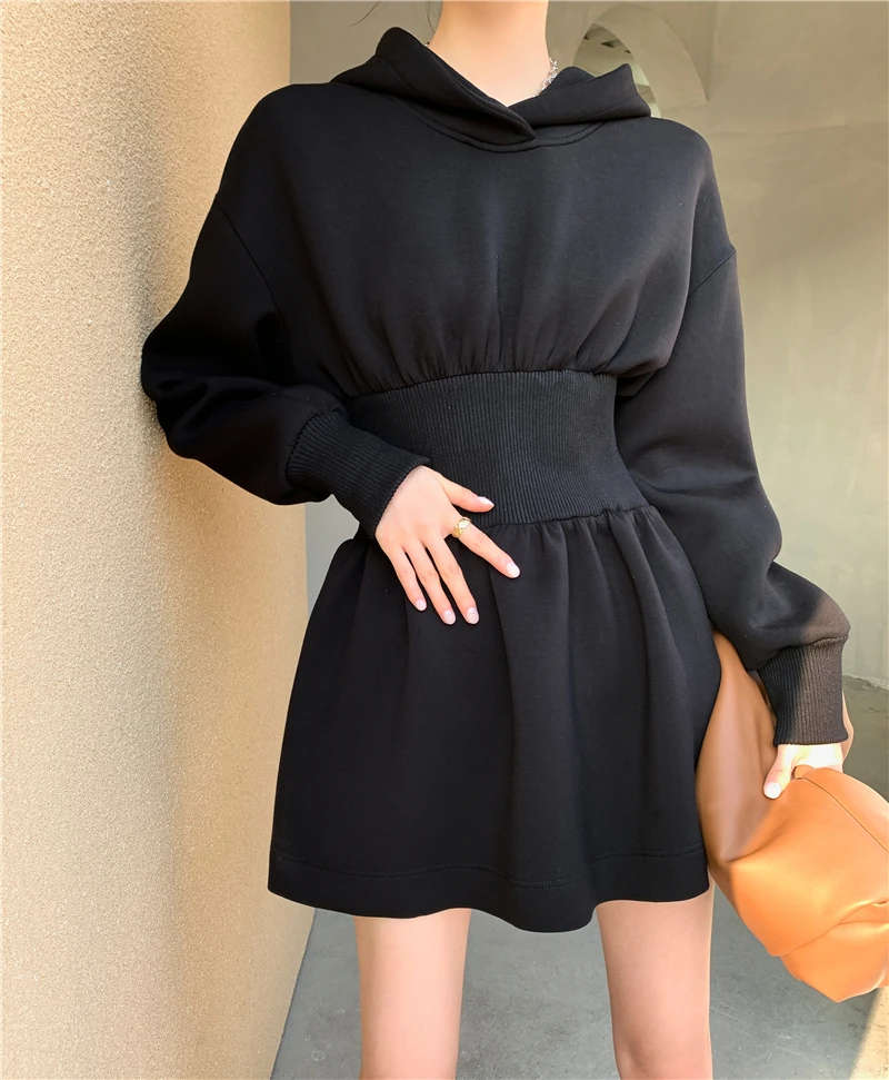 Women French Style Slim Waist Hooded Sweatshirt Dress Black Ball Gown New 2021 Short Dresses Female
Women French Style Slim Waist Hooded Sweatshirt Dress Black Ball Gown New 2021 Short Dresses Female