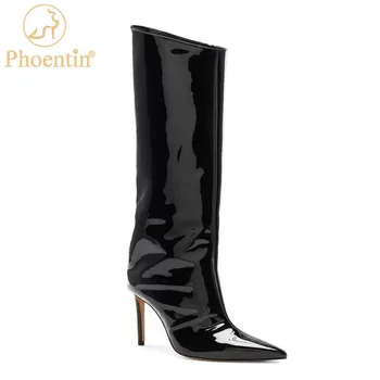 

Phoentin patent leather knee high boots pointed toe luxury designer shoes women stiletto super high heels zip closure FT1187