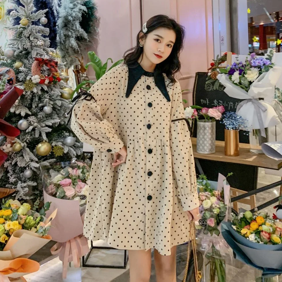 Photo Shoot CHIC Sweet Corduroy Polka Dot Mid-length GIRL'S Dress Single Breasted Lace-up Lantern Sleeve A- line Dress