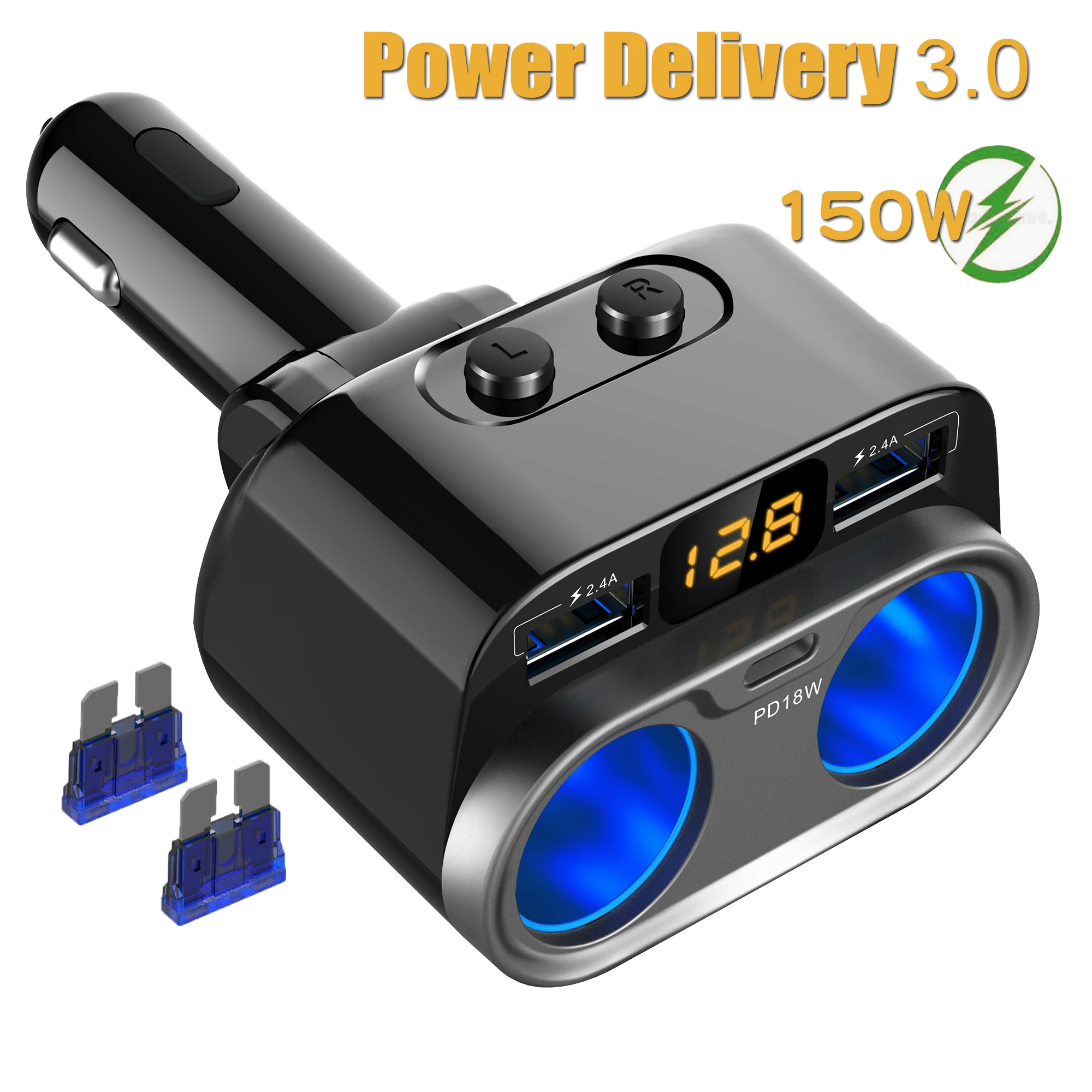 150W/15A 12V/24V Car Cigarette Lighter Intelligent Quick Charge Socket Plug Charger with Dual USB Type-C, Voltage Detection
150W/15A 12V/24V Car Cigarette Lighter Intelligent Quick Charge Socket Plug Charger with Dual USB Type-C, Voltage Detection
