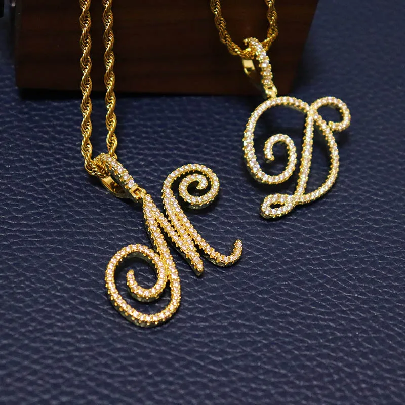 Nowoczesny złoty naszyjnik z srebrną zawieszką w kształcie litery A-Z w stylu kursywy D & Z z cyrkoniami - biżuteria hip-hopowa - Wianko - 31
