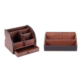 5-Compartment Brown Wood Desktop Organizer / Letter Sorter with Drawer & Wooden Struction Leather Desk Stationery Box 
5-Compartment Brown Wood Desktop Organizer / Letter Sorter with Drawer & Wooden Struction Leather Desk Stationery Box