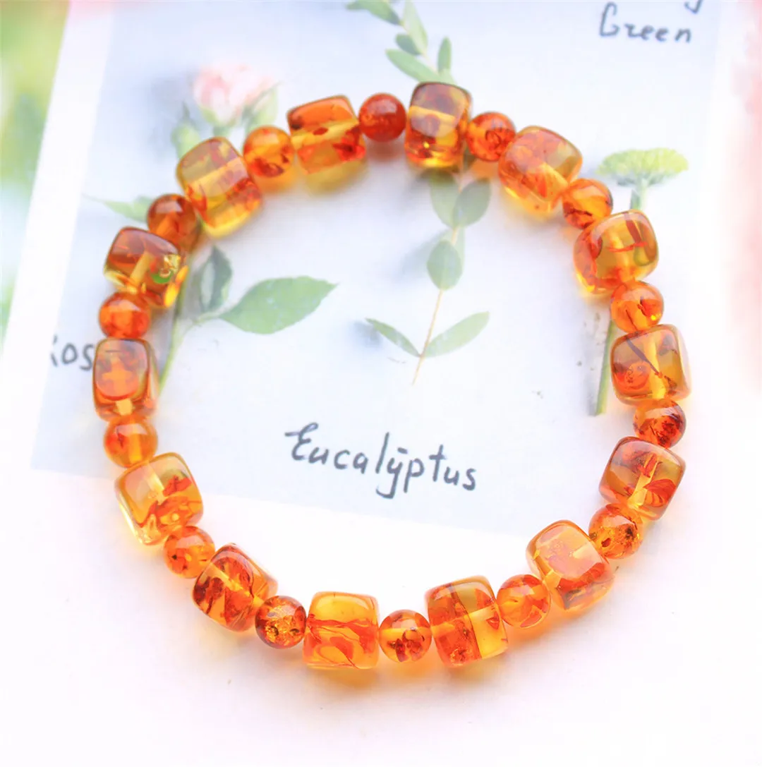 

8mm Natural Piebald Amber Bracelet Jewelry For Women Men Gift Crystal Yellow Red Cube Round Beads Stone Jewelry Strands AAAAA