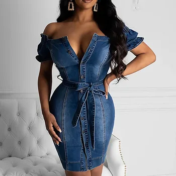 Sexy Slash Neck Women Denim Dress Bodycon African 2020 Summer V Neck Casual Short Dress Robe Short Sleeve Femme Vestiods
Sexy Slash Neck Women Denim Dress Bodycon African 2020 Summer V Neck Casual Short Dress Robe Short Sleeve Femme Vestiods