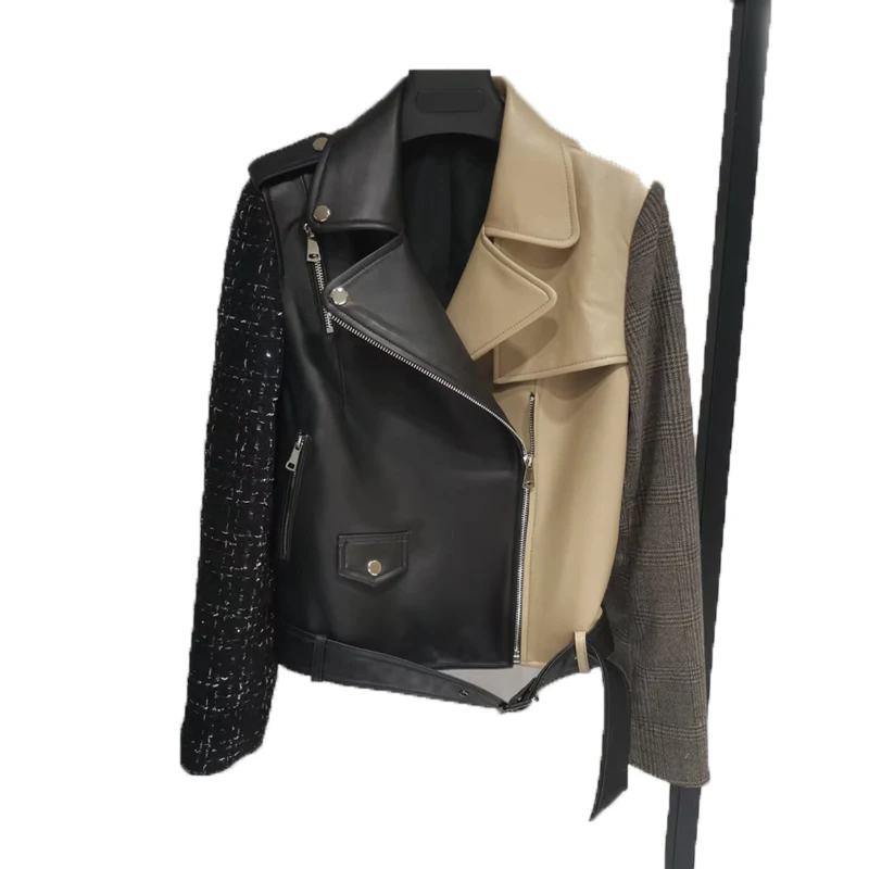 Spring Clothes Women Short Length Genuine Leather Jacket Turn-Down Collar Multicolor Splicing Locomotive Flax Material Sleeve | Женская
