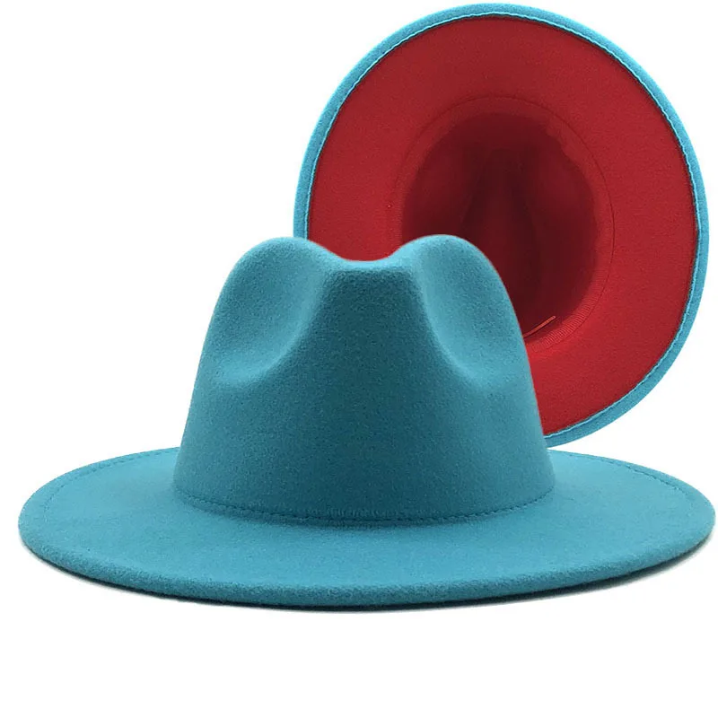 

New Outer Lake blue Inner red Wool Felt Jazz Fedora Hats with Thin Belt Buckle Men Women Wide Brim Panama Trilby Cap 56-60CM