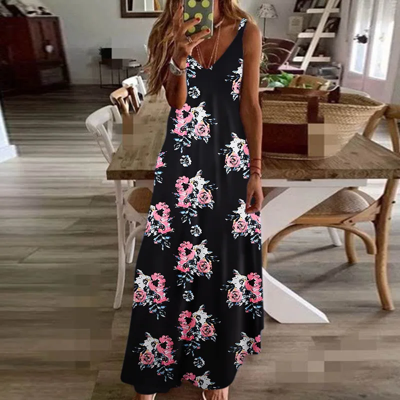 Sexy Maxi Dresses For Women Boho Print V-Neck Floral Sundresses Women Sleeveless Plus Size Dresses For Women 4xl 5xl Summer 2020